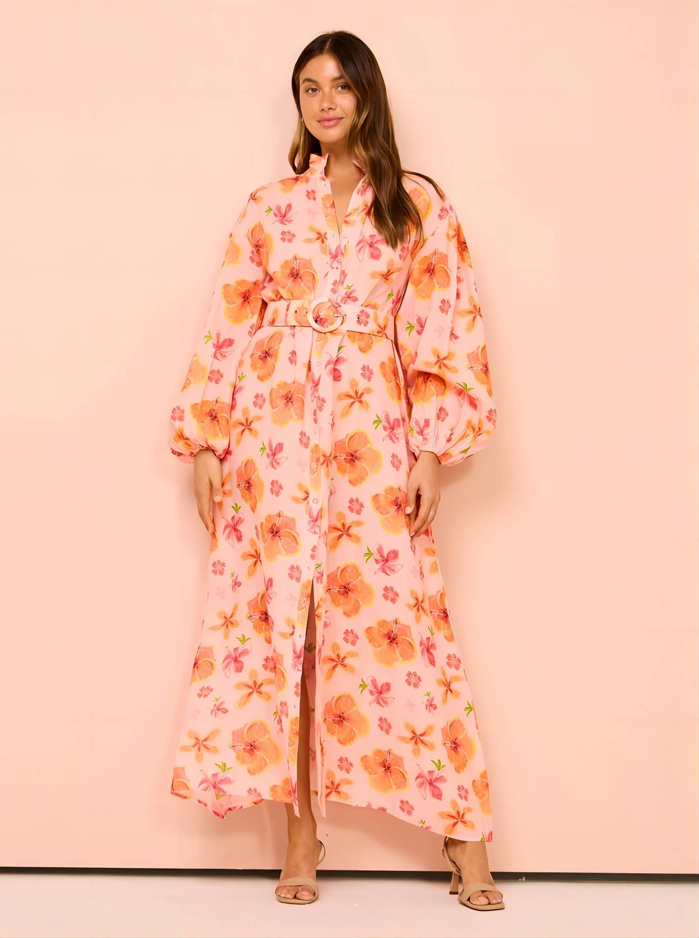 STAND COLLAR LANTERN SLEEVE SLIT LONG DRESS