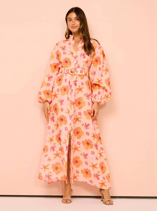 STAND COLLAR LANTERN SLEEVE SLIT LONG DRESS