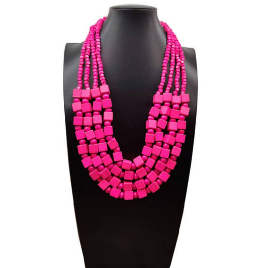 HANDMADE WOODEN SQUARE BEADS MULTI-LAYER NECKLACE