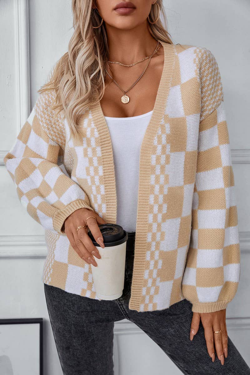 CWOCAL0867_CONTRAST CHECK BALLOON SLEEVE KNITTED CARDIGAN