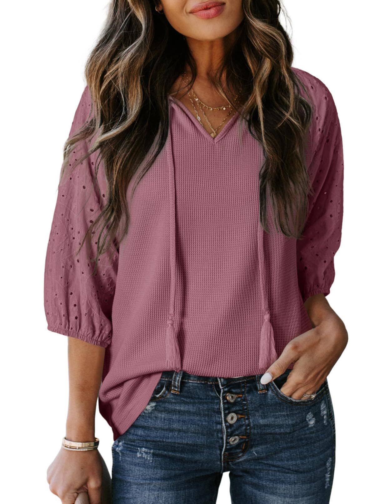 Women¡¯s jacquard waffle V-neck puff sleeve top