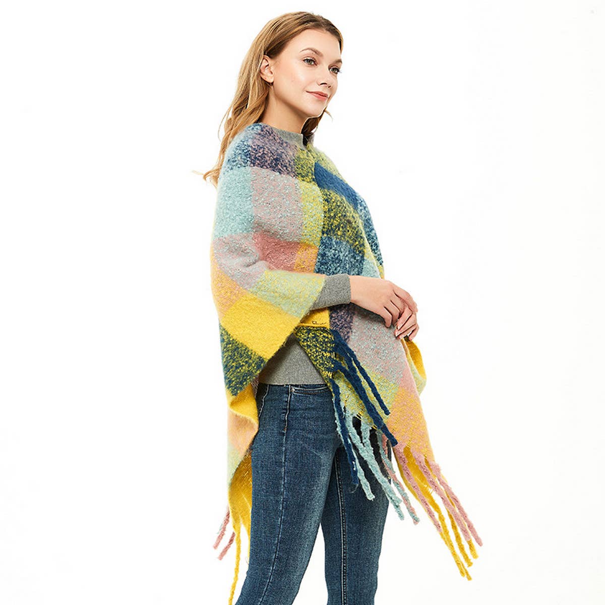 BOUCLE YARN THICK TASSEL COLORFUL PLAID SHAWL_CWASC1208