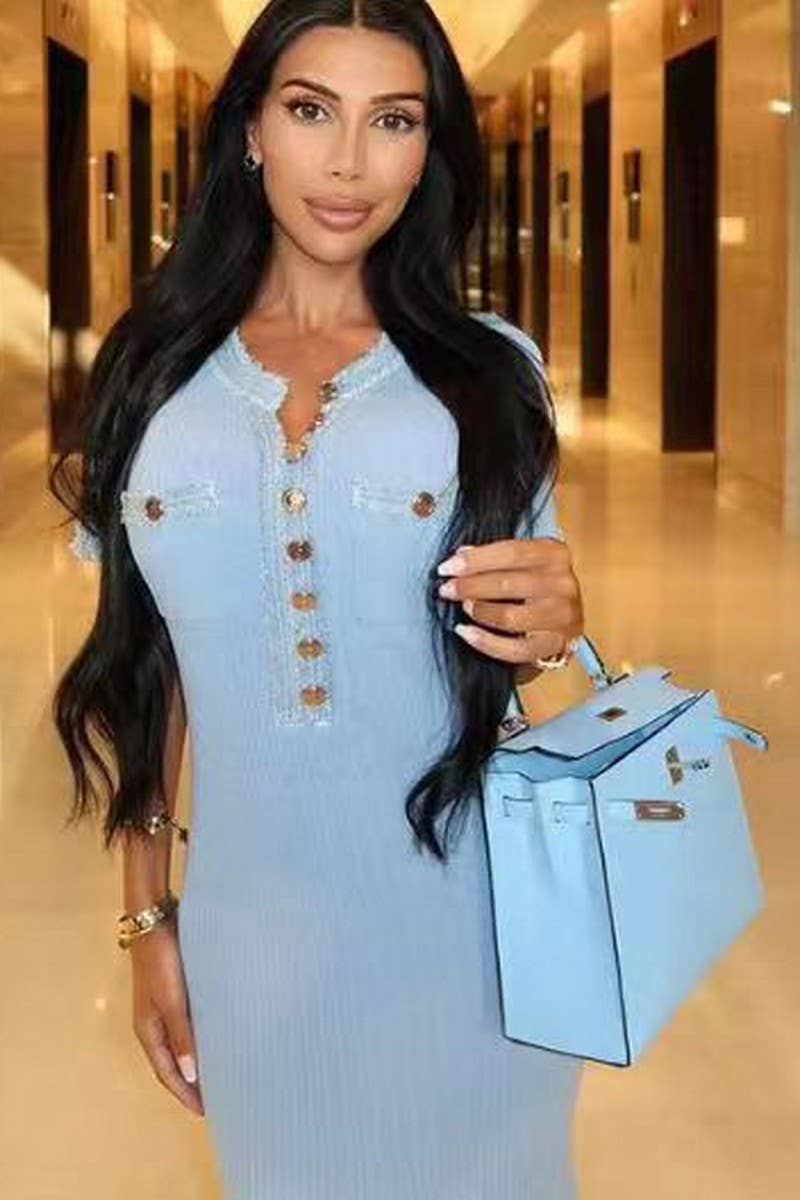 CWDMD4141_DENIM PATCHWORK KNITTED SHORT-SLEEVED DRESS