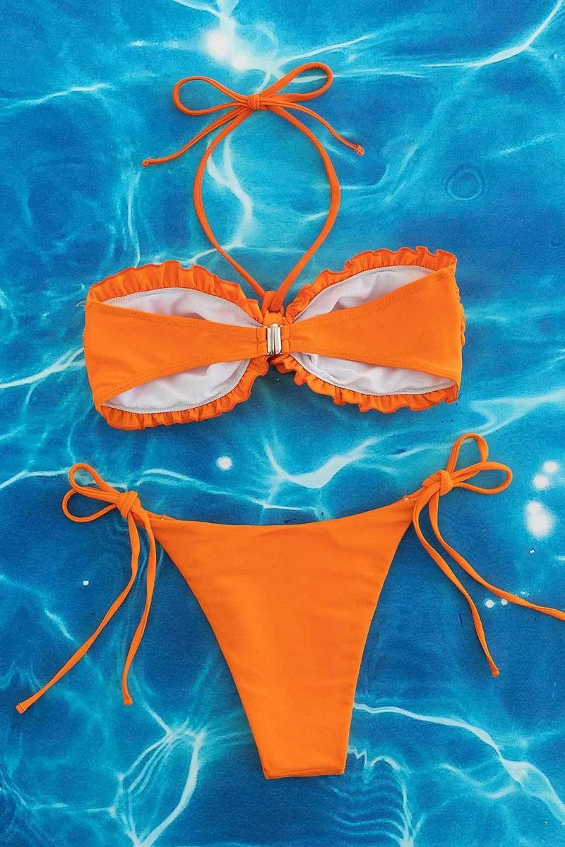 CWMW0851_SOLID COLOR BEACH HALTER NECK TWO-PIECE SWIMSUIT