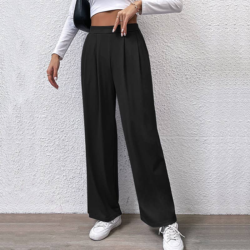 SOLID COLOR PIT STRIPE CASUAL WIDE-LEG PANTS