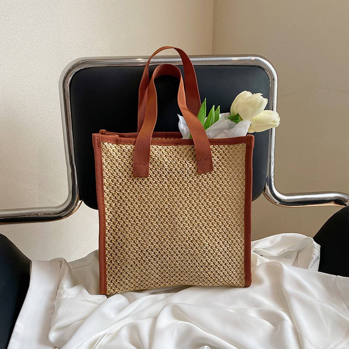 NEW STRAW SIMPLE HAND-HELD BROWN COSMETIC BAG_CWAB4453