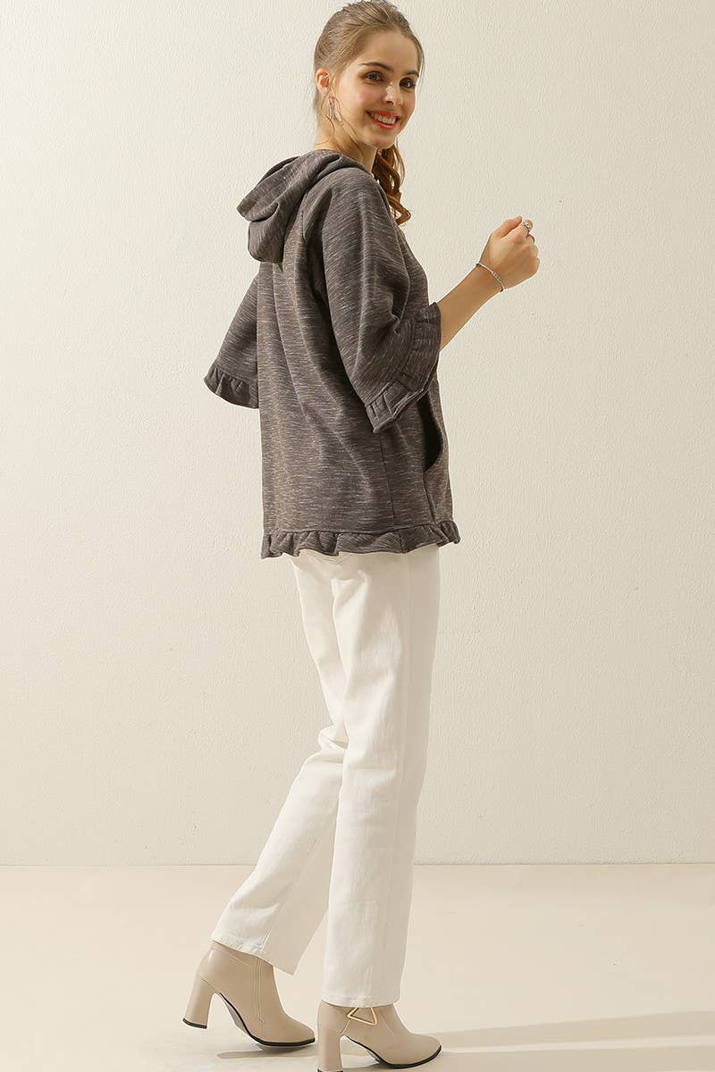 CWOHOL425_3/4 SLEEVE HOODIE SWEATSHIRT WITH KANGAROO POCKET