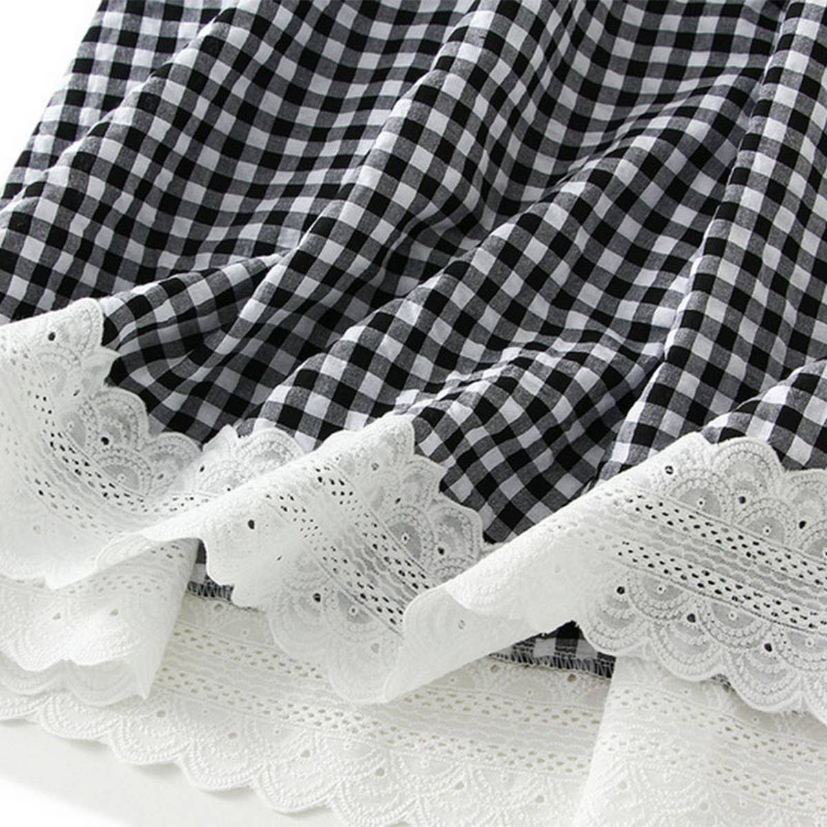 Lace Trim Plaid High-Waist A-Line Midi Skirt