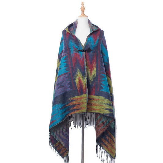 HORN BUTTON BOHEMIAN HOODED CAPE SHAWL