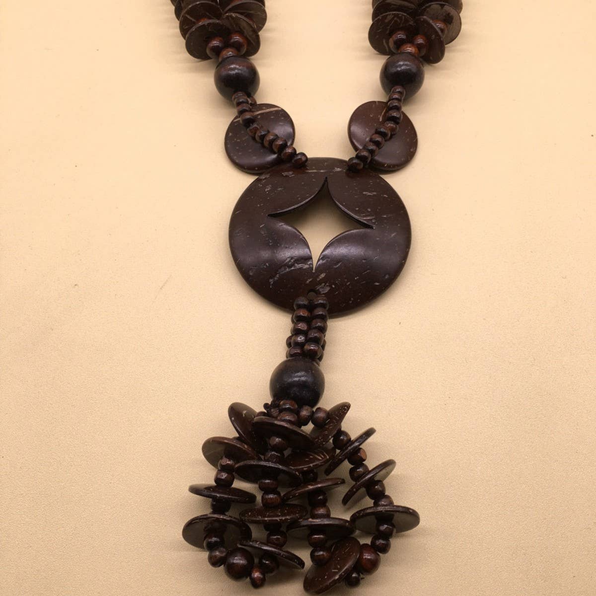 ETHNIC COCONUT SHELL WOOD BEADS LONG NECKLACE