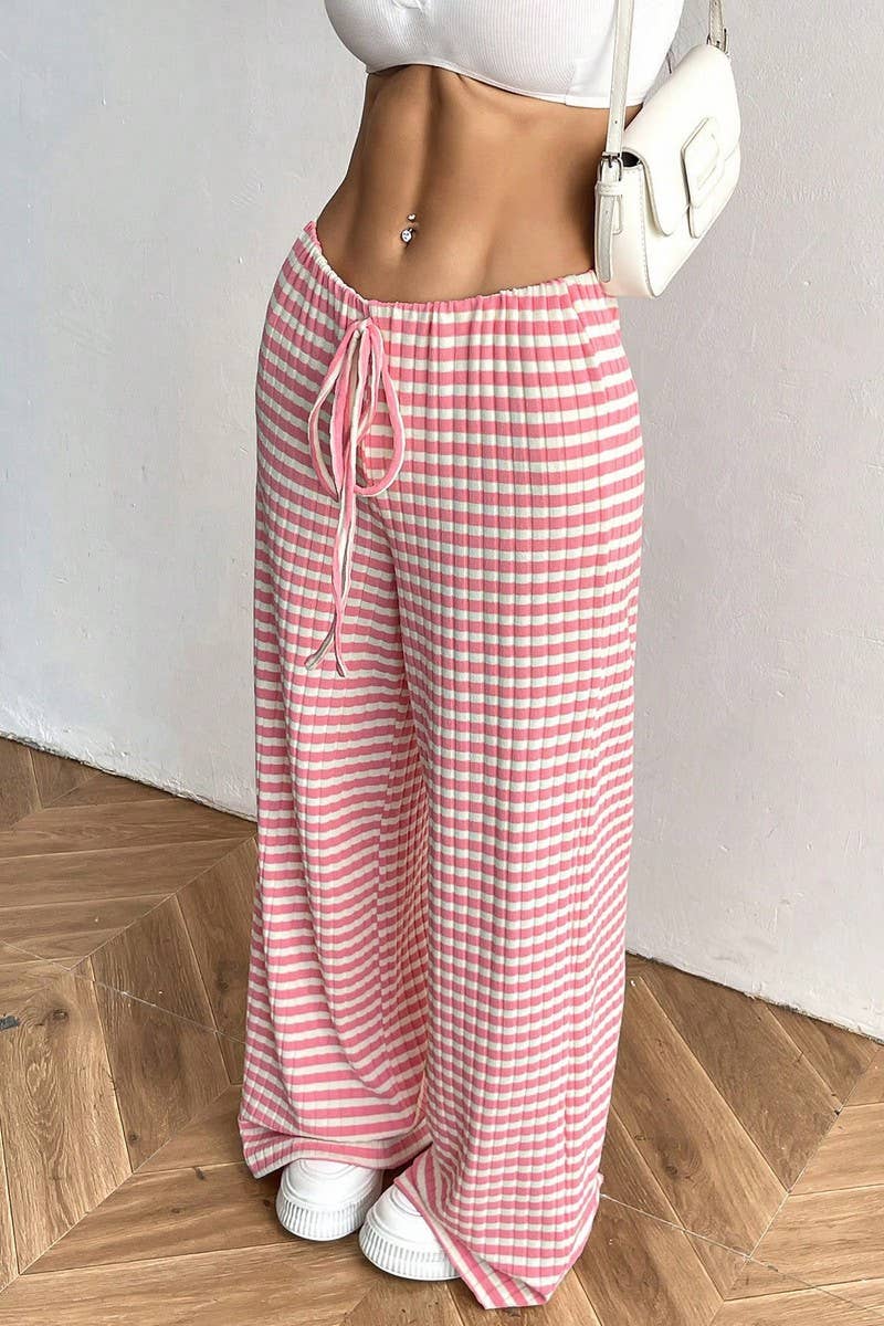 CWBLP1991_CASUAL STRIPED SOLID ELASTIC STRAIGHT PANTS