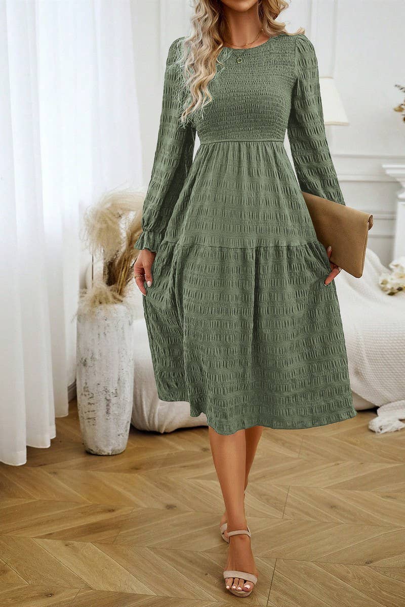 CWDMD4032_SOLID COLOR COMMUTING ROUND NECK PLEATED DRESS