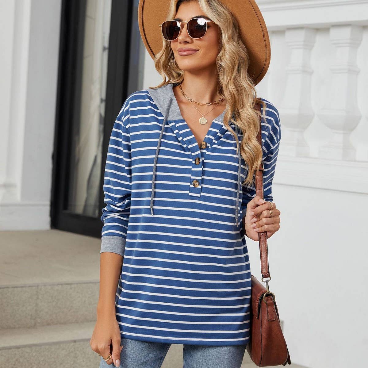 Hooded button drawstring long-sleeved hoodie