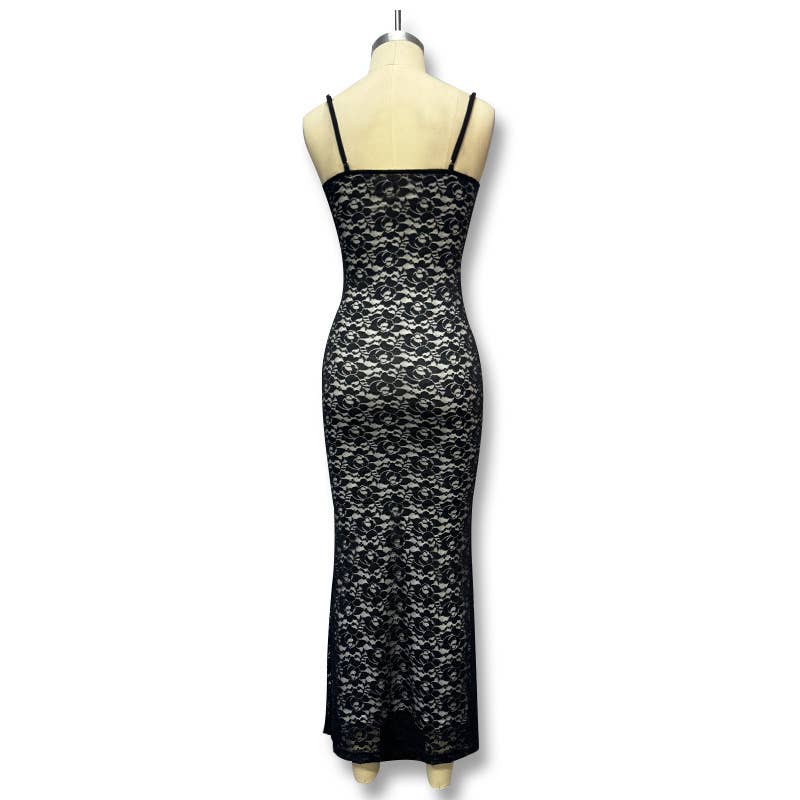 A strappy deep V lace see-through dress