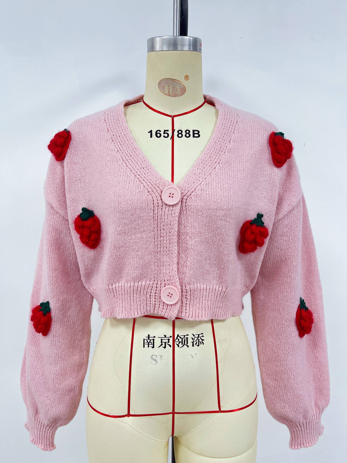 3D strawberry jacquard single-breasted cardigan