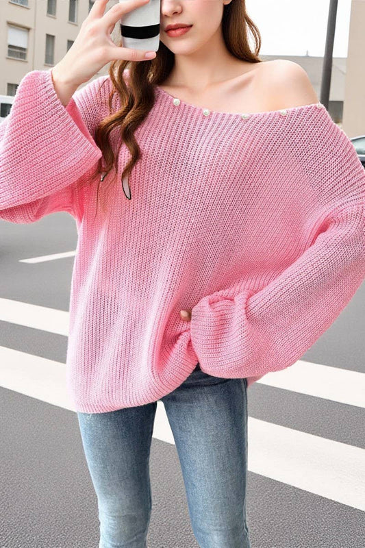 CWOSWL07405_WOMEN OFF SHOULDER BELL SLEEVE SWEATER