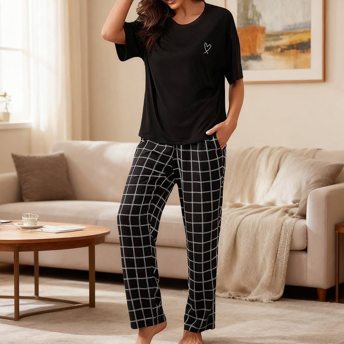 Short-sleeved shirt and long pants home wear set