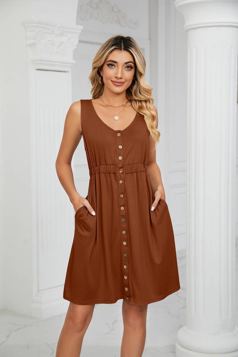 CWDSD3114_ROUND NECK SLEEVELESS BUTTON POCKET WAIST DRESS