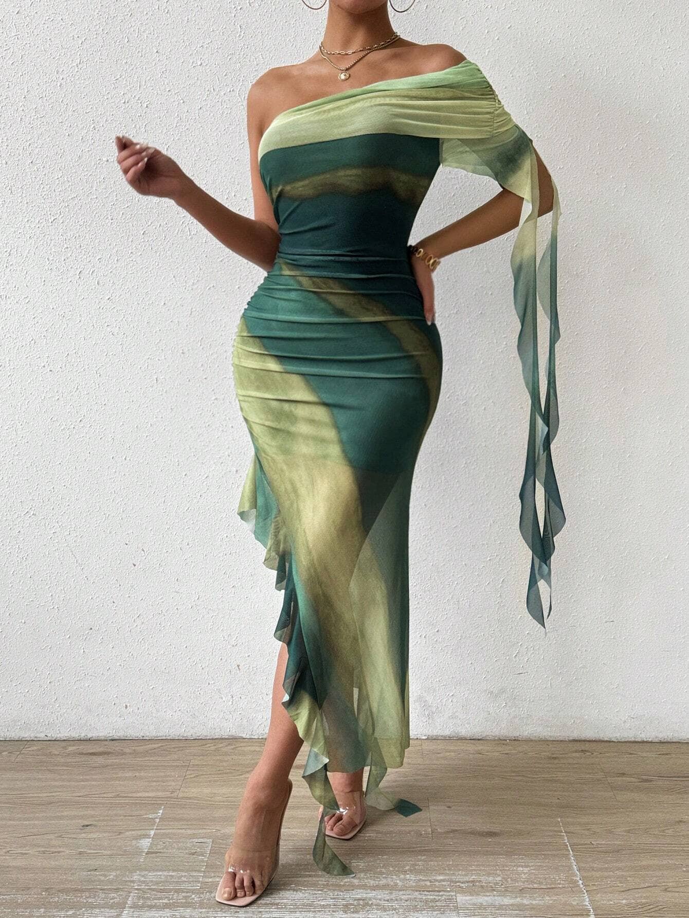 Women¡¯s ruched strapless split mesh ruffle dress