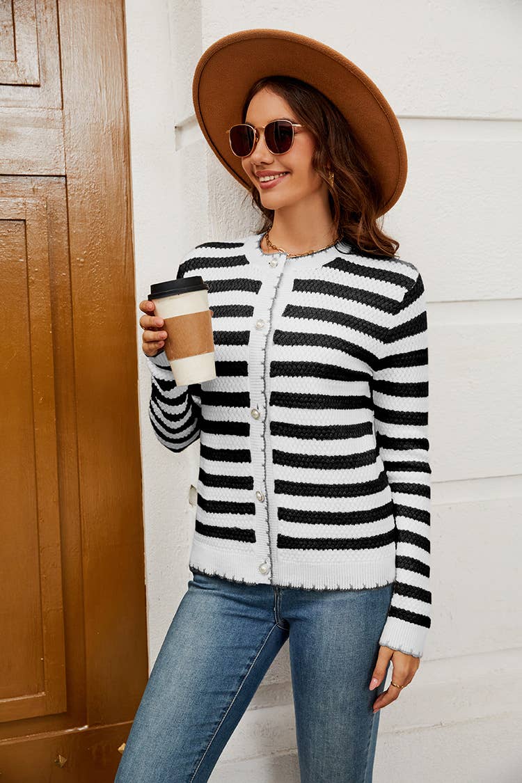 Striped sweater button knit cardigan coat