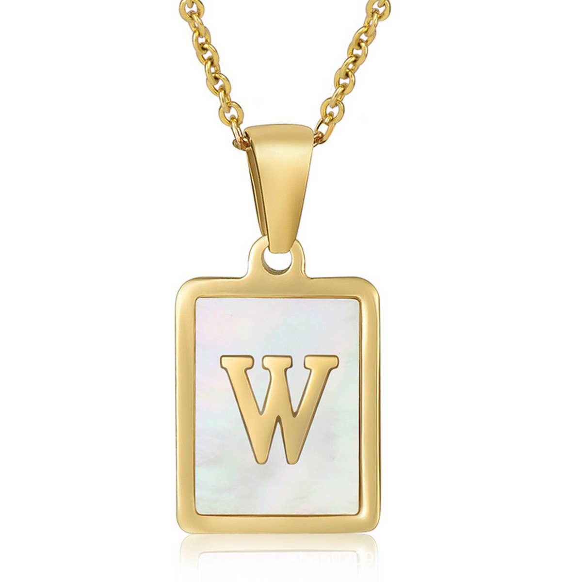 CWAJE1917_Square Stainless Steel White Shell Letter Necklace