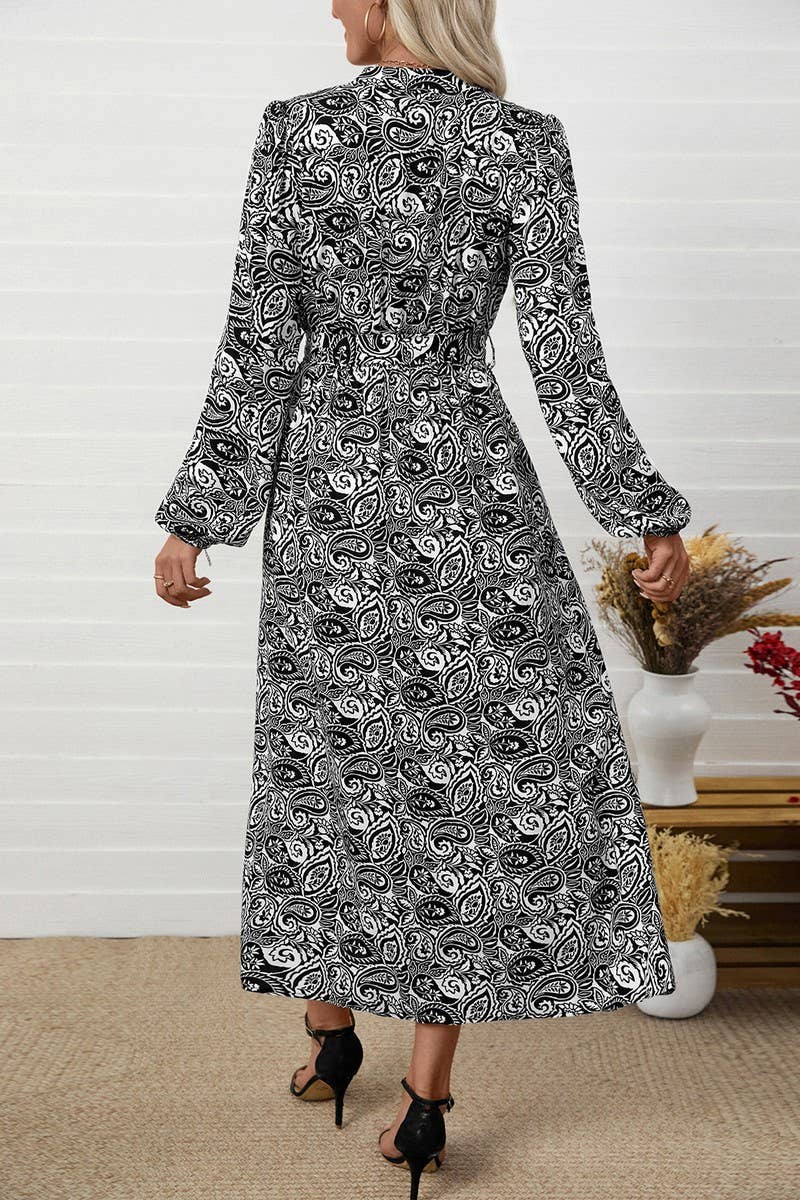 CWDMD6295_ELEGANT V-NECK ETHNIC PRINT LONG SLEEVE DRESS