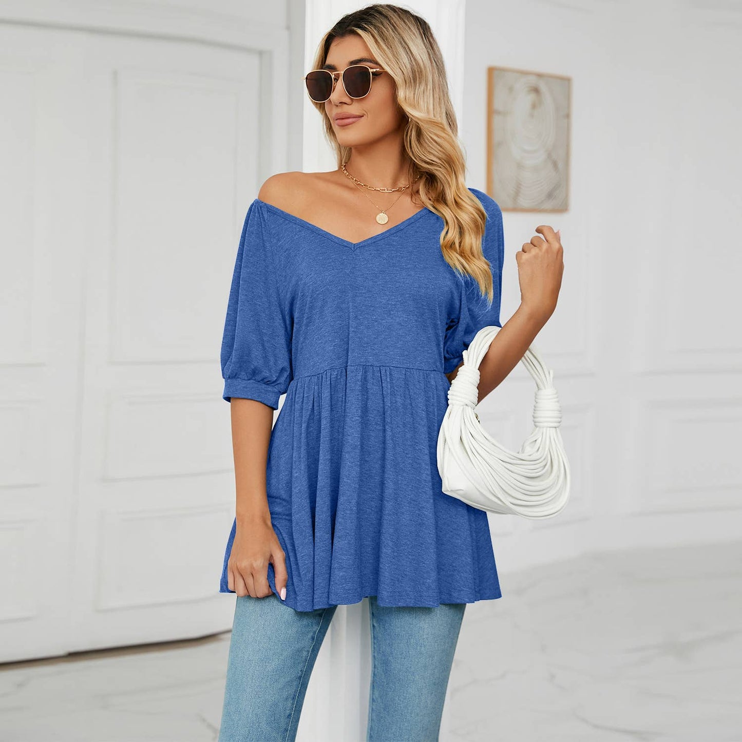 V-NECK BUBBLE SHORT SLEEVE T-SHIRT TUNIC