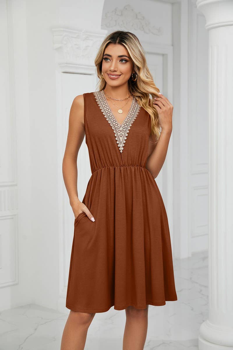 CWDSD3116_V-Neck Lace Trim Sleeveless Dress