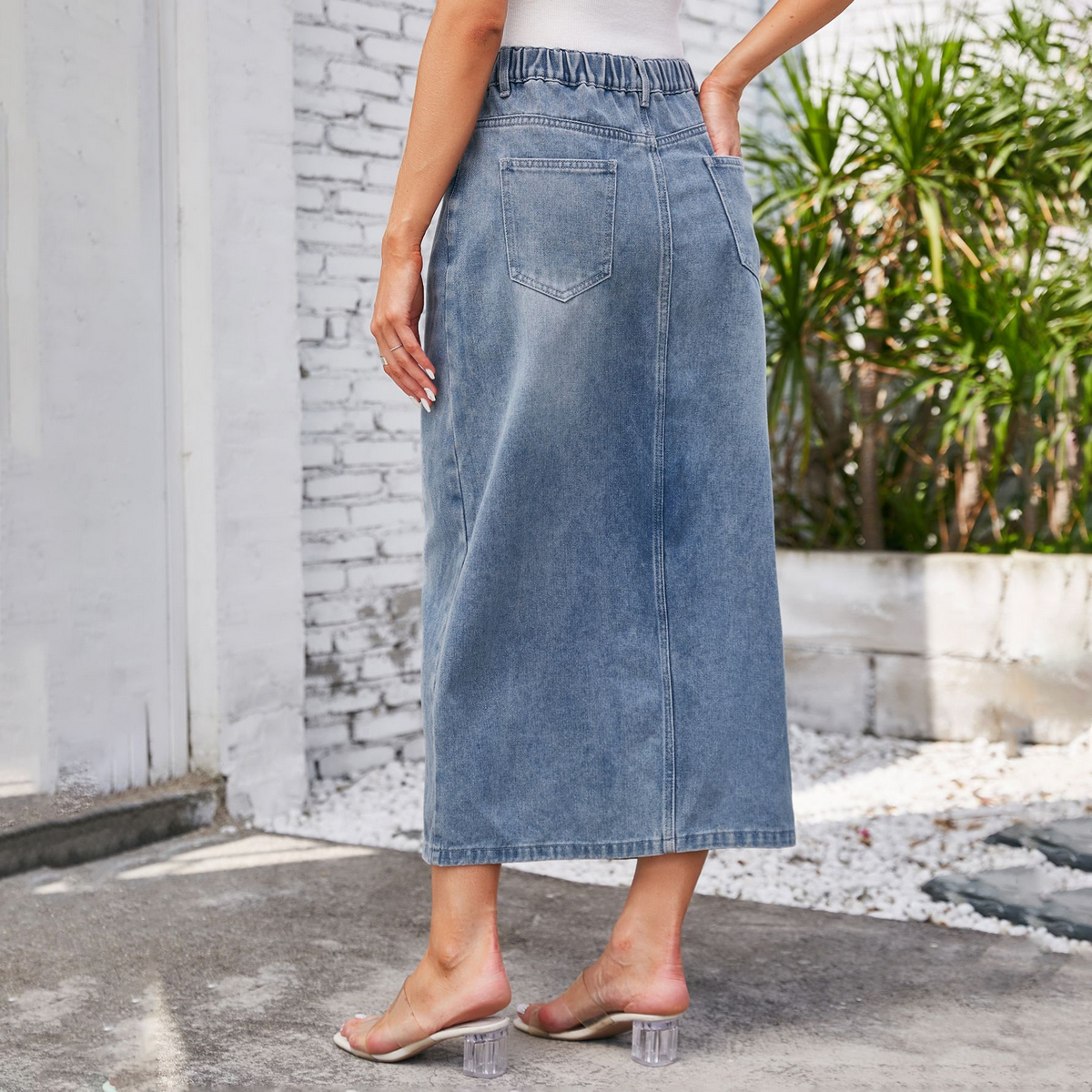 Women??¢s Washed Denim Midi Skirt with Slit_CWJSK0196