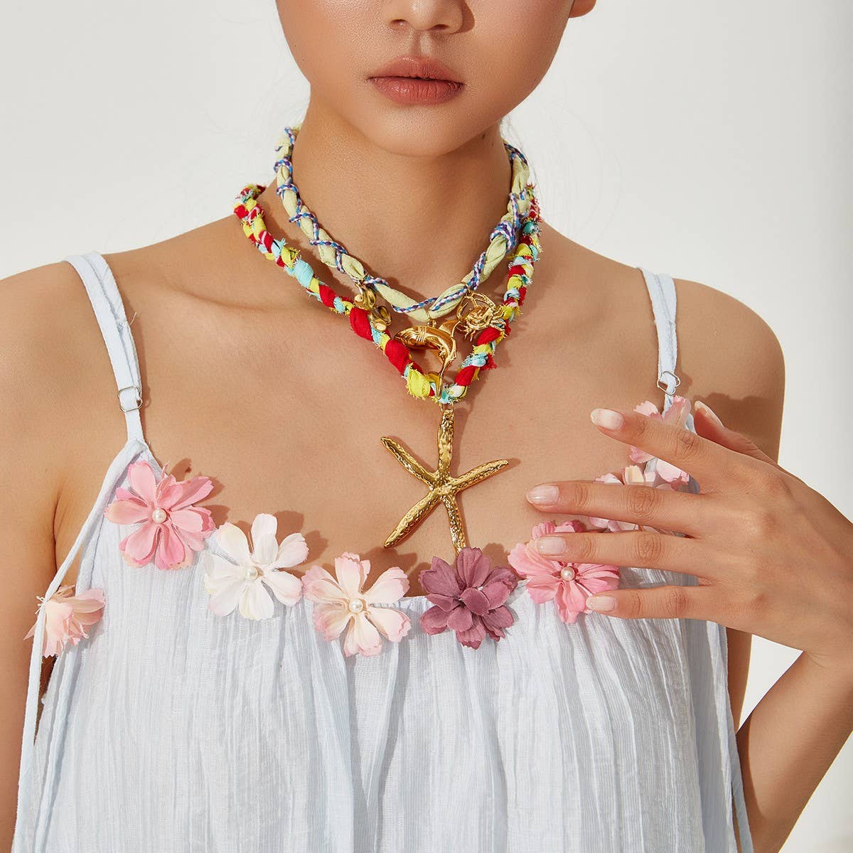 Handmade Ocean Scarf Necklace with Star & Dolphin