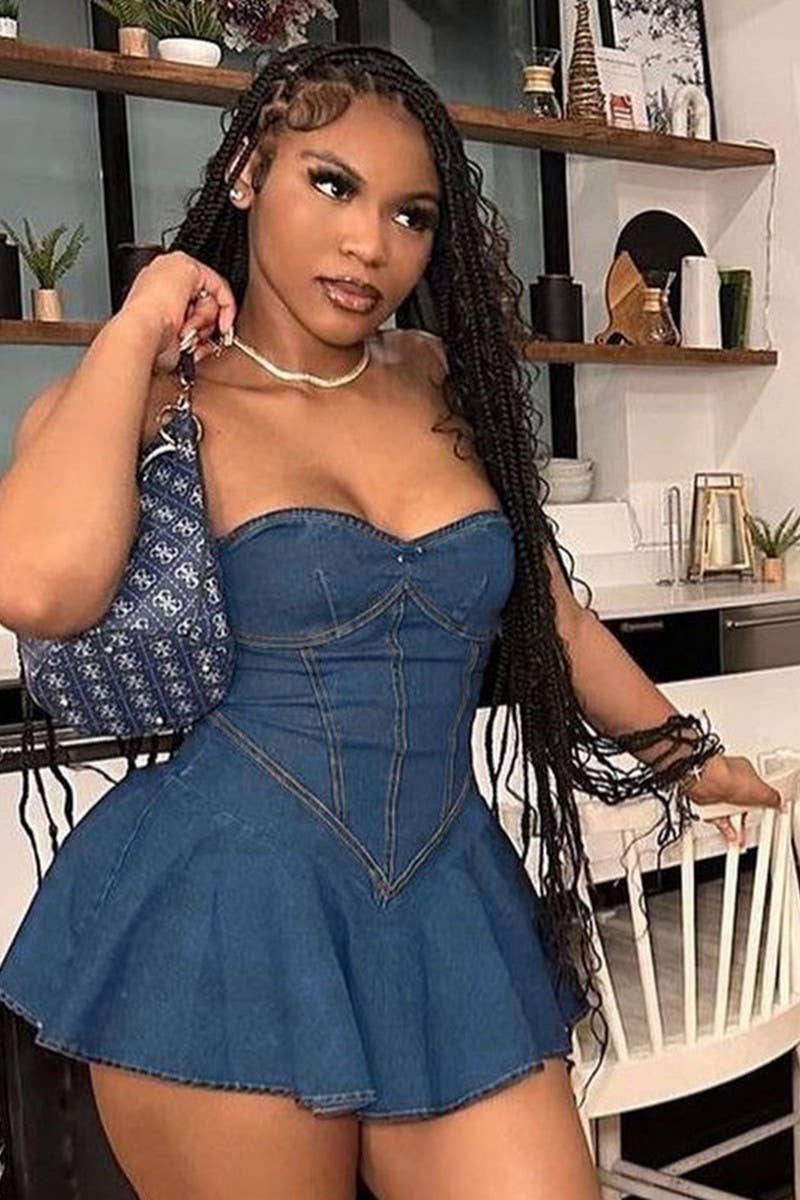 CWDTD0389_STRAPLESS FAUX DENIM HIP-HUGGING DRESS