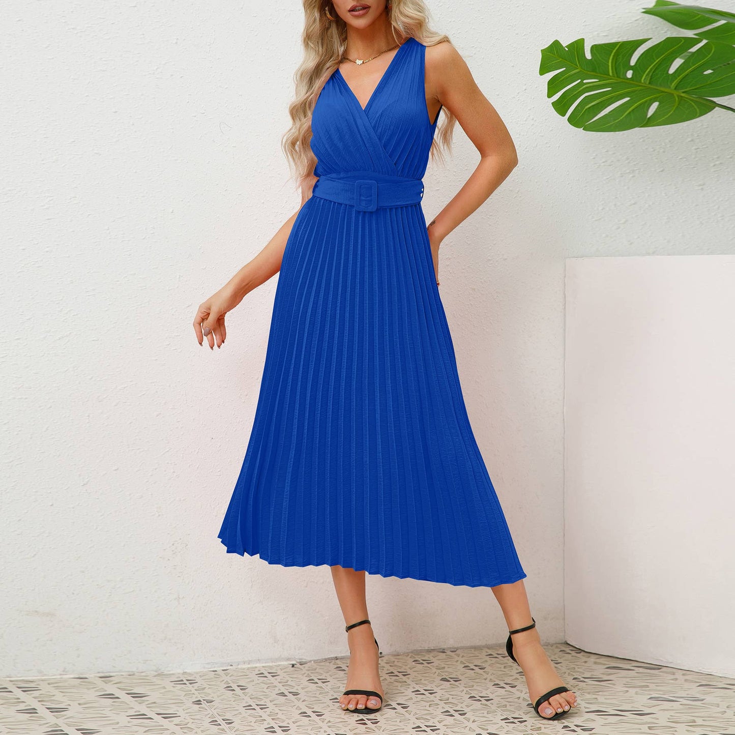 V-Neck Pleated Belted Bodycon Midi Dress