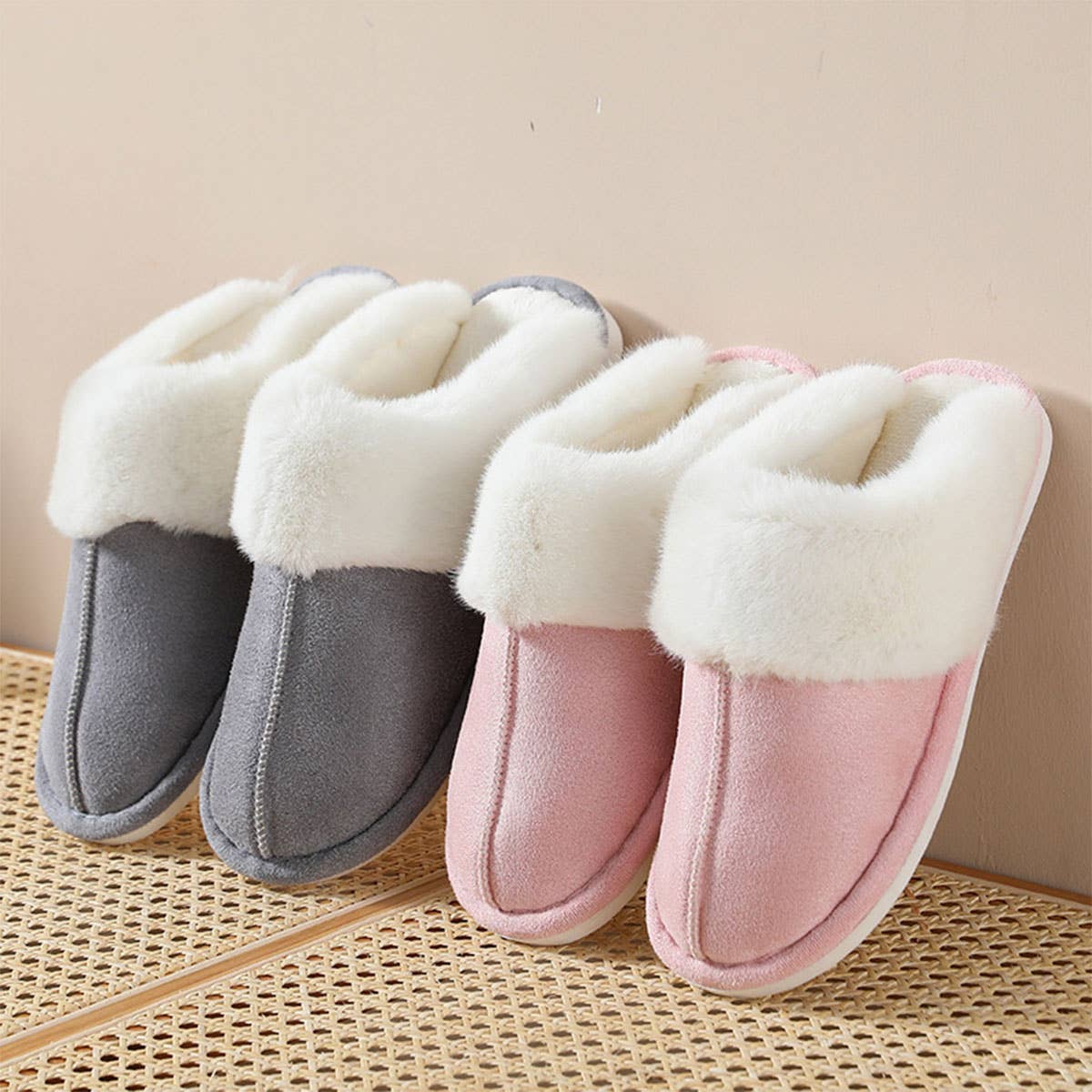 FAUX SUEDE FUZZY SLIPPERS WOMEN,MEN