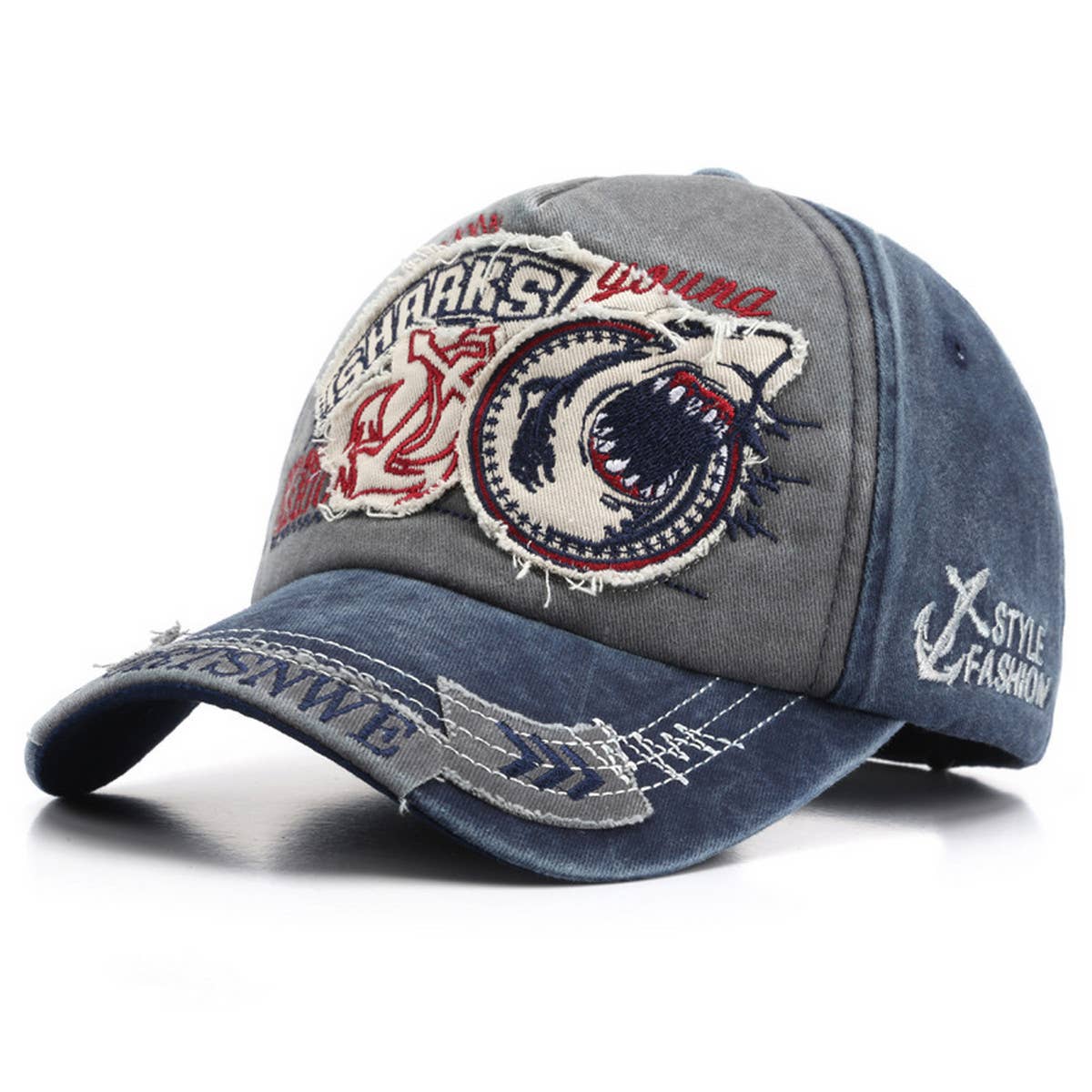 CWAH3228_NEW EMBROIDERED SHARK COWBOY BASEBALL CAP