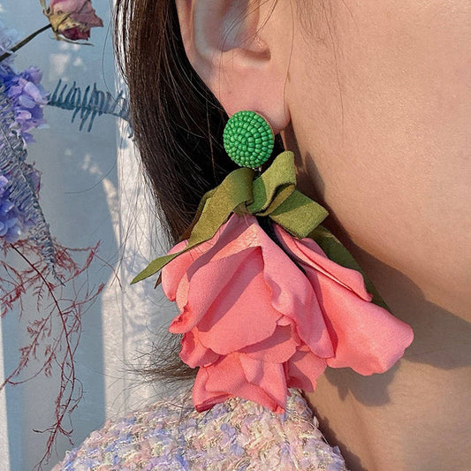 Long Statement Fabric Bow Flower Earrings