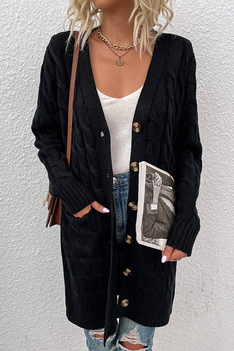 CWOCAL356 Button Down Cable Crew Neck Pullover Long Sweater