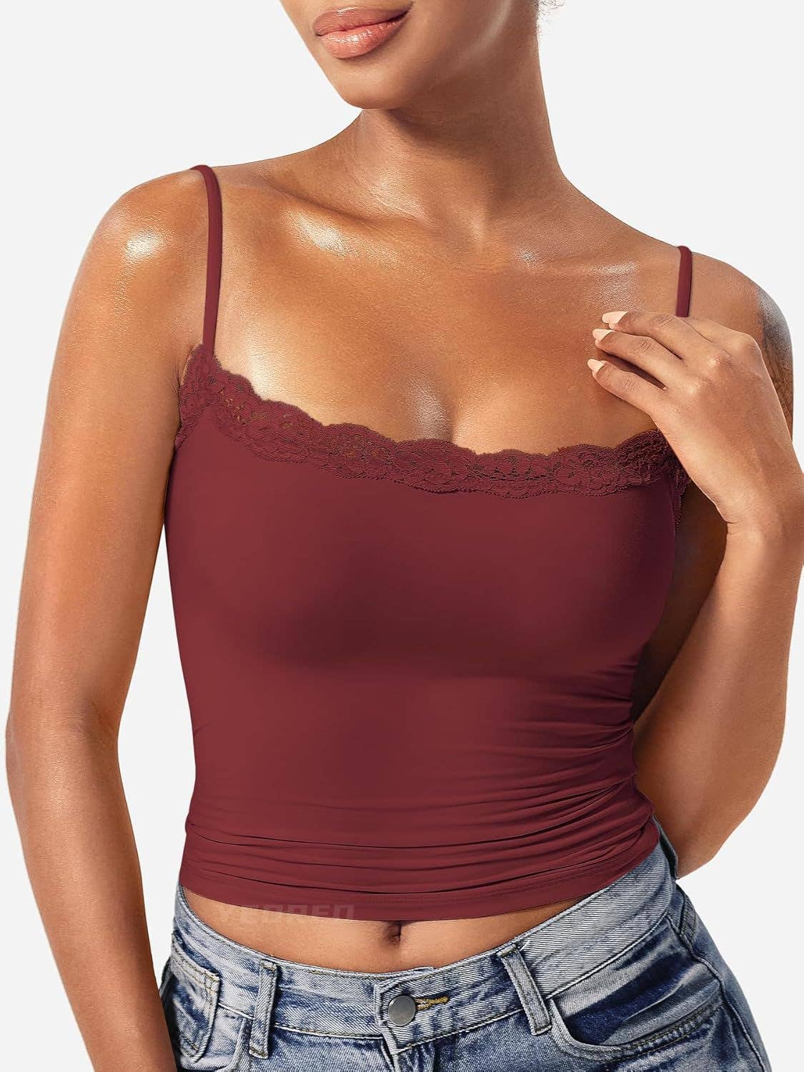 Basic solid color lace-trimmed strappy vest