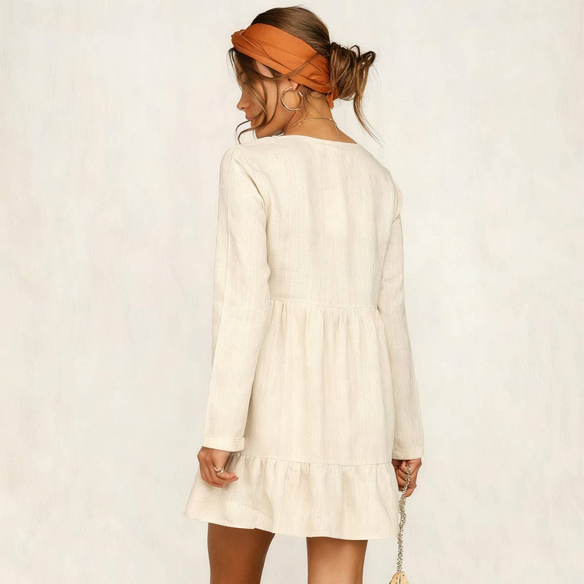 Rivet laced cotton linen long-sleeved dress