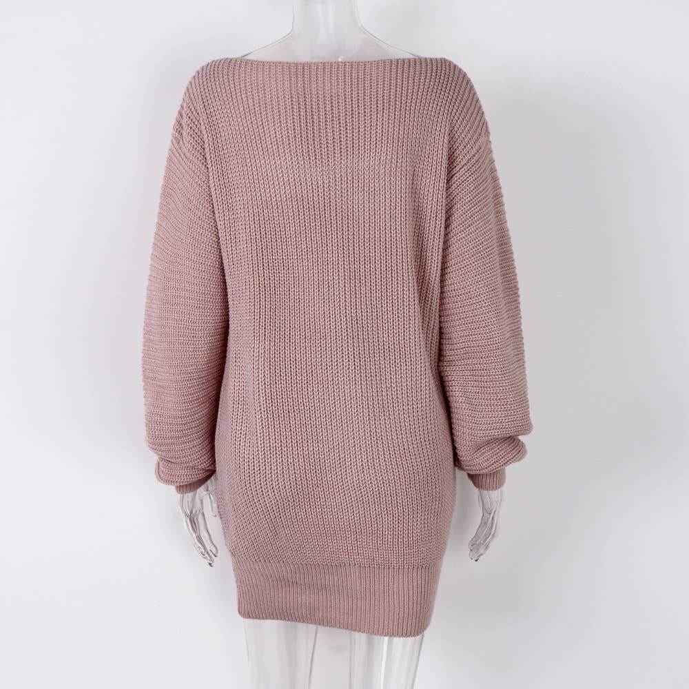 LONG-SLEEVED LINE-NECK LOOSE KNIT SWEATER DRESS