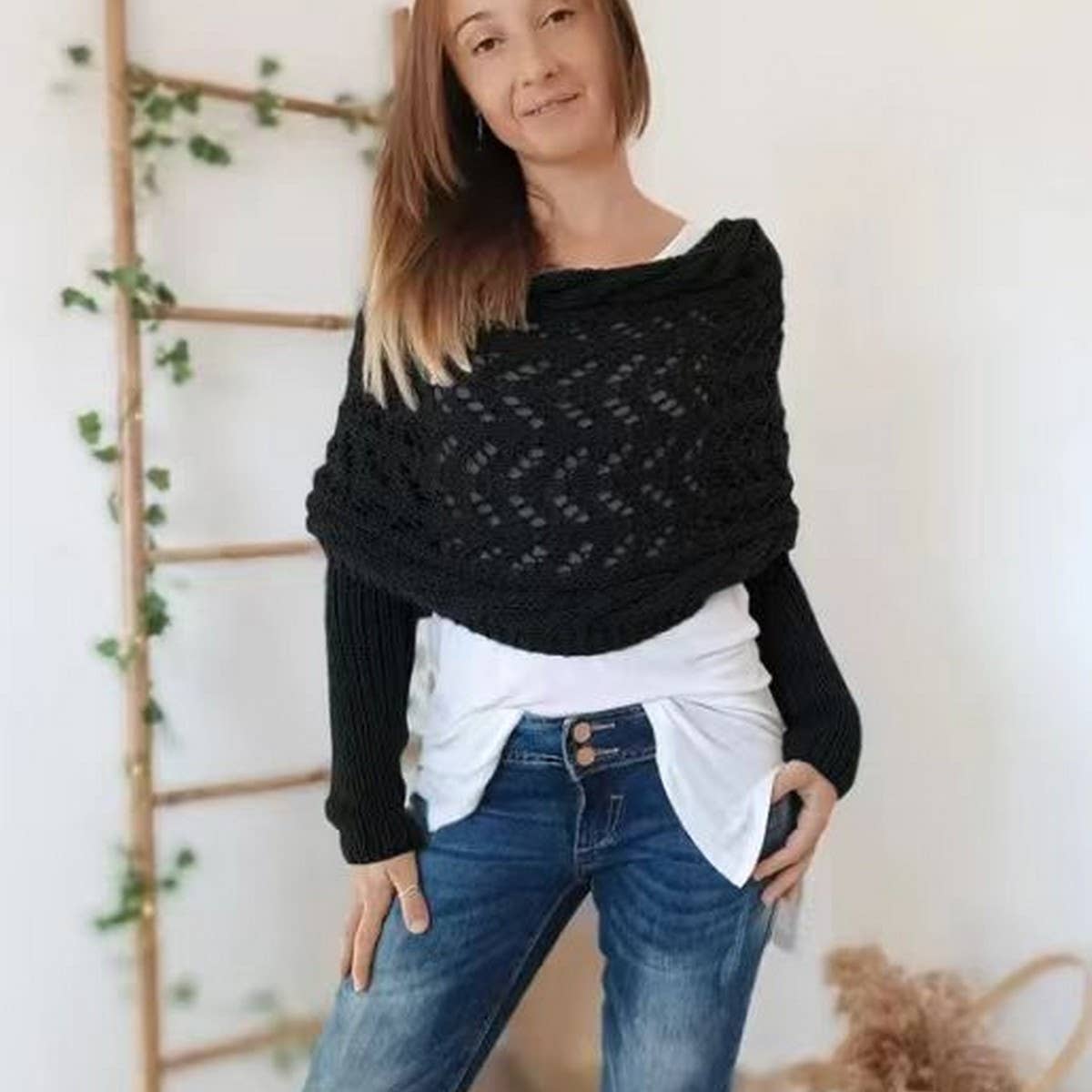 CWASC1793_TWISTED HOLLOW LONG SLEEVE SHAWL COLLAR SCARF