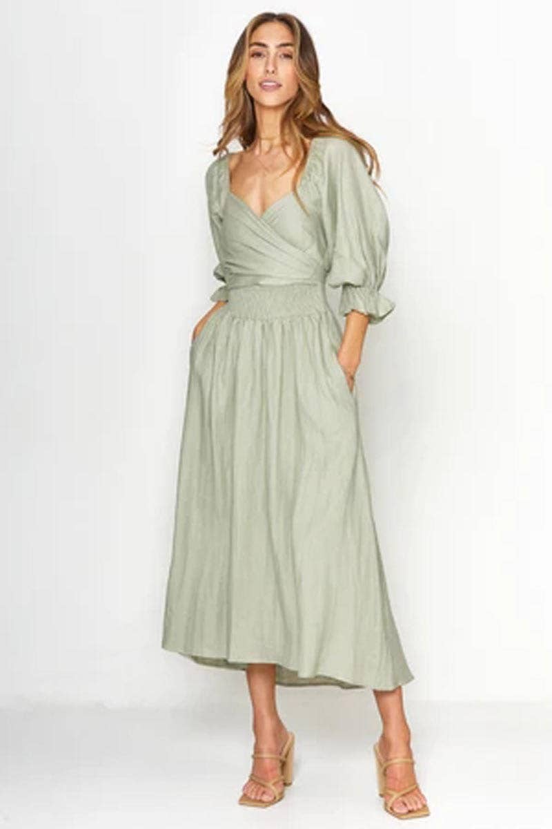 CWDMD5769_V-NECK ELEGANT MID-LENGTH SLEEVES TWO-WAY DRESS