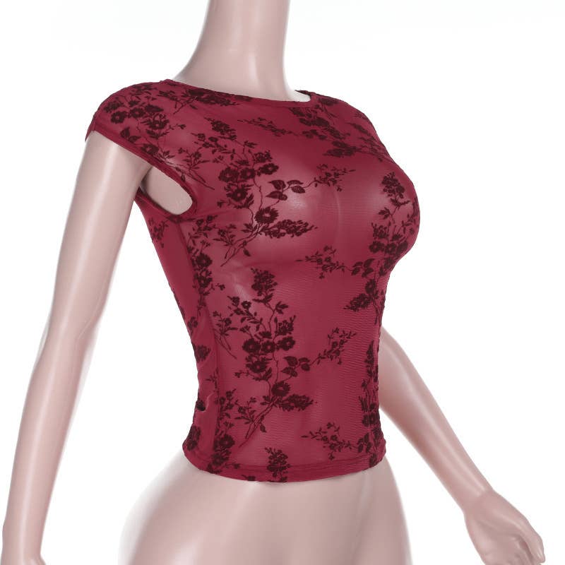 Sheer Mesh Vintage Print Sexy Top Short Sleeve