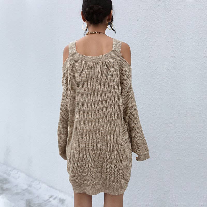 LINE-NECK LONG SLEEVE HOLLOW-OUT SWEATER DRESS
