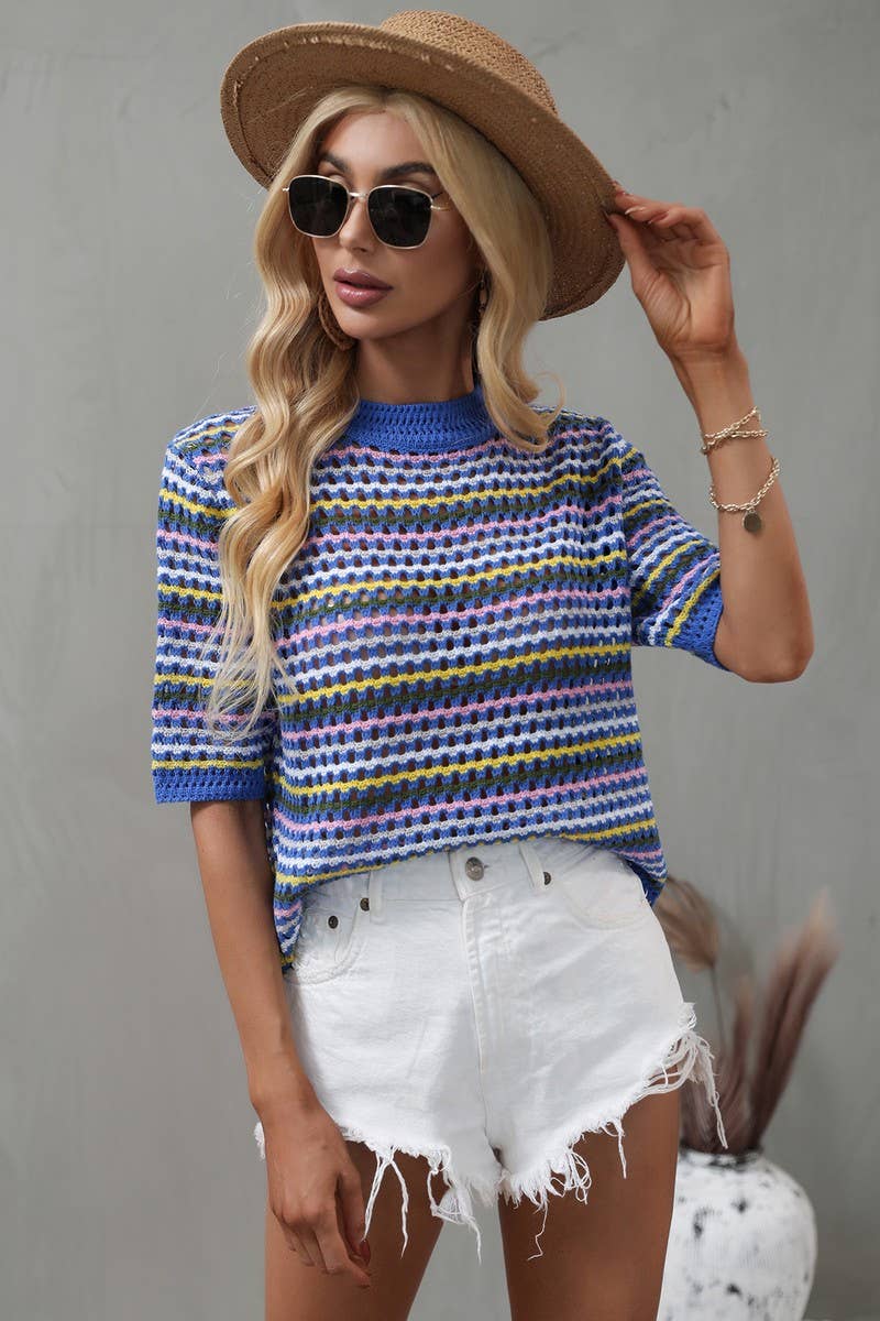 Cwtts0736_Crochet Short Sleeve Pullover Sweater