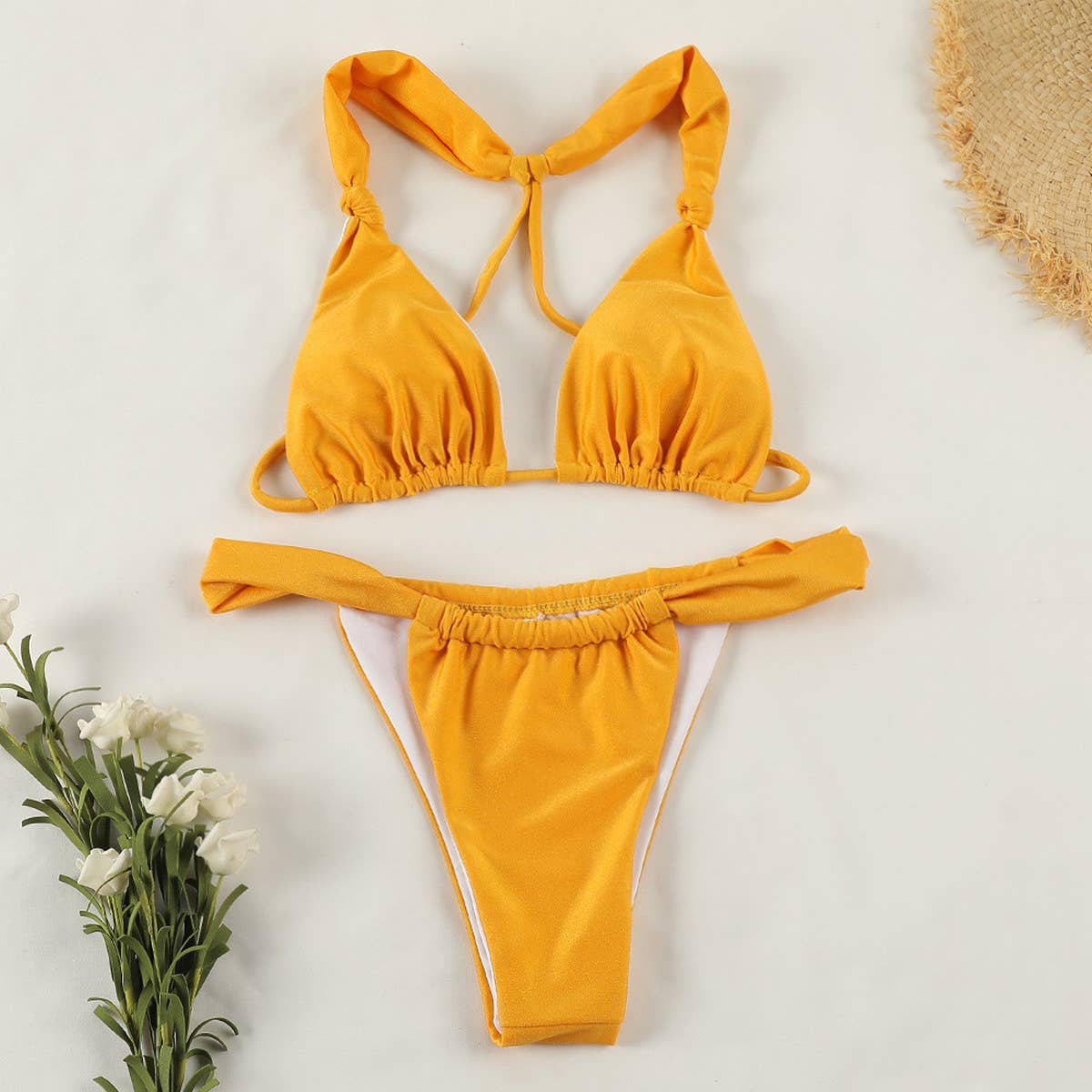 Solid Color Knotted Bikini - Sexy Backless Swimwear_CWMW0260