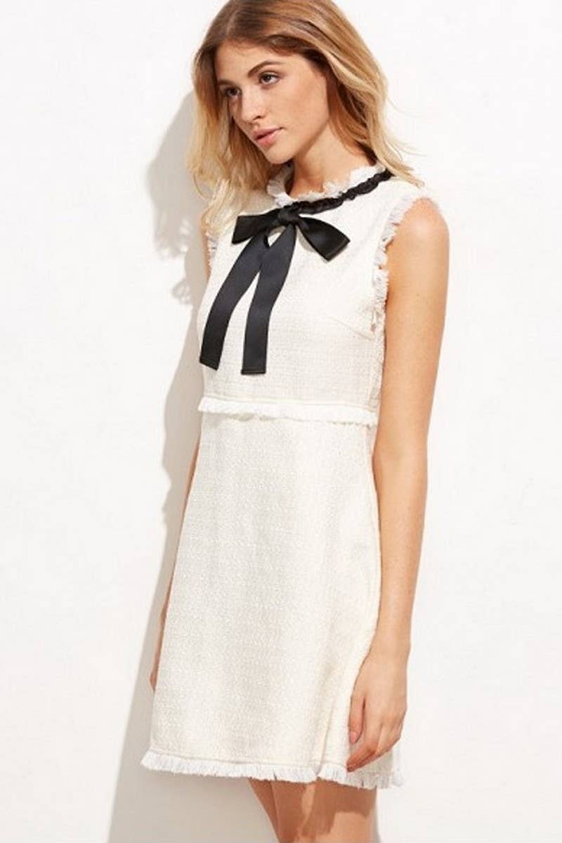 CWDSD6838_ROUND NECK SLEEVELESS TASSEL BOW DRESS