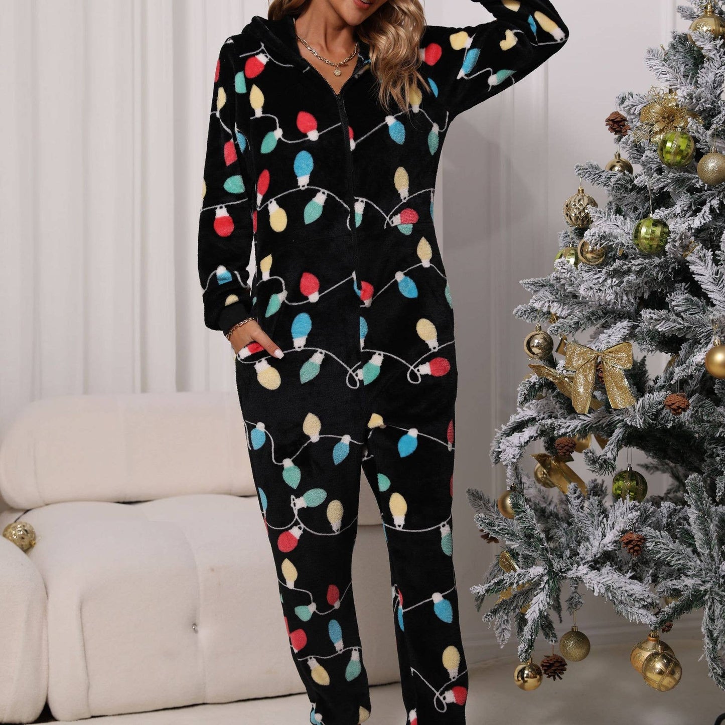 Warm flannel Christmas jumpsuit for home comfort