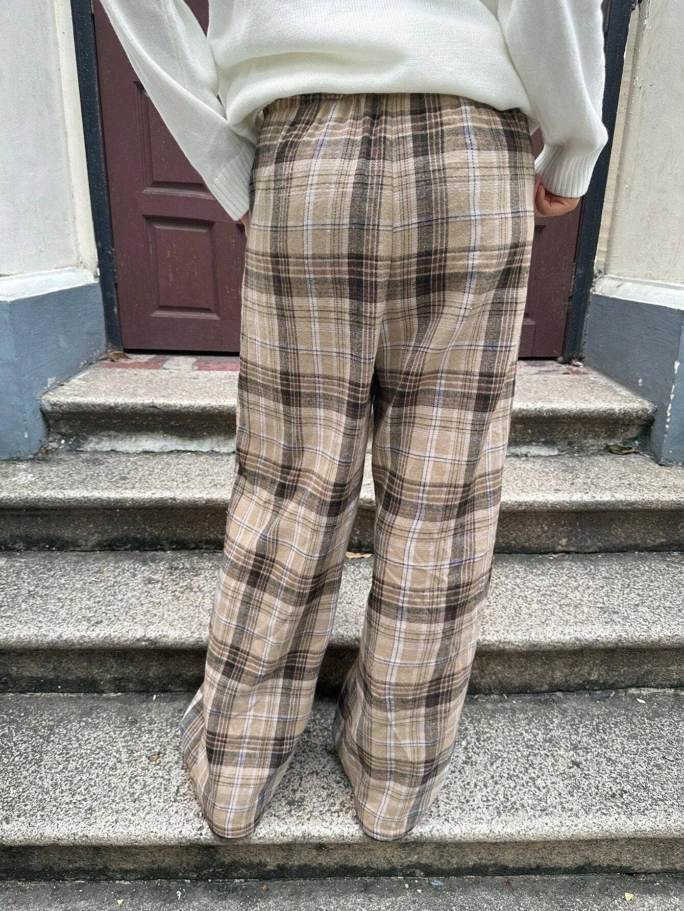 PLAID CASUAL HIGH-WAISTED STRAIGHT-LEG PANTS