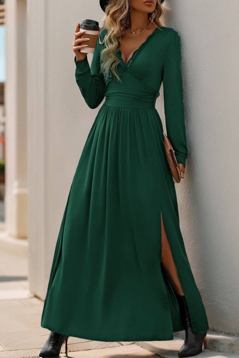 CWDMD3564_V-NECK SOLID COLOR SLIT SLIM MAXI DRESS