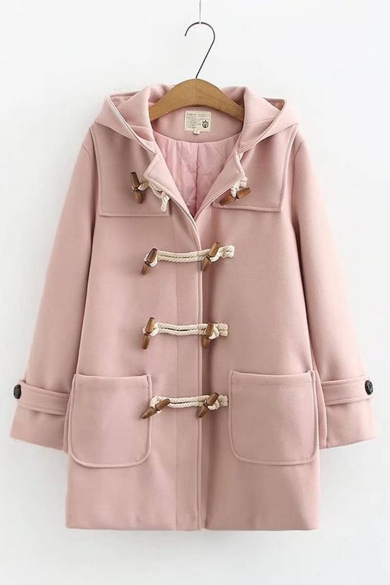 CWOCO0988_DOUBLE WOODEN BUTTON HOODED WOOLEN COAT